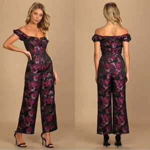 NWT Lulus New Glam Black Floral Jacquard Bustier Off-the-Shoulder Jumpsuit